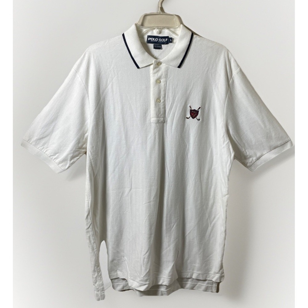 Vintage Ralph Lauren Polo Golf Size L White Button Up Embroidered Cotton Shirt